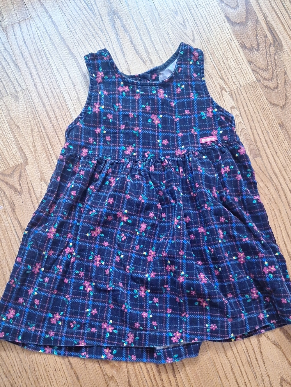 Vintage OshKosh B'gosh Blue and Pink Floral Plaid Corduroy Sleeveless Dress 5